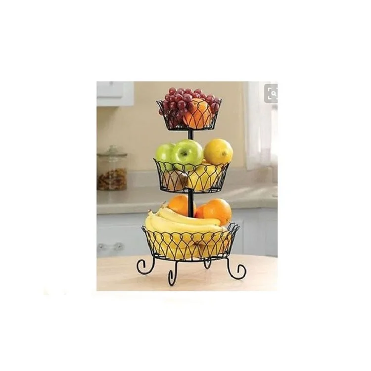 New style Kitchen black metal wire stand fruit basket 3 tier holder storage organizer for living room