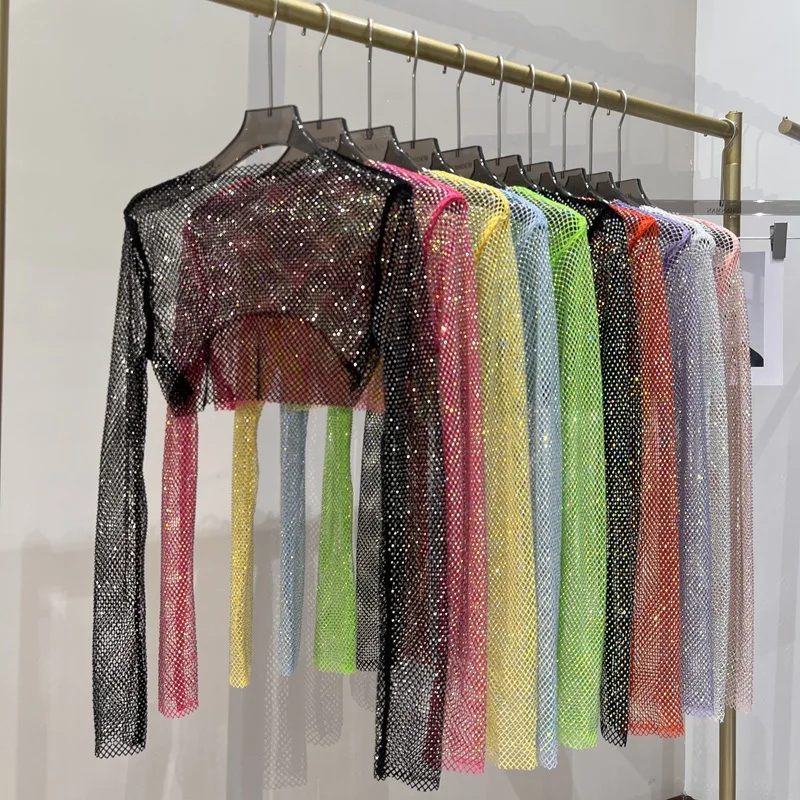 2024 Summer Fashionable Sexy Womens Mesh Rhinestones Nightclub Beachwear Crop Top Long Sleeve