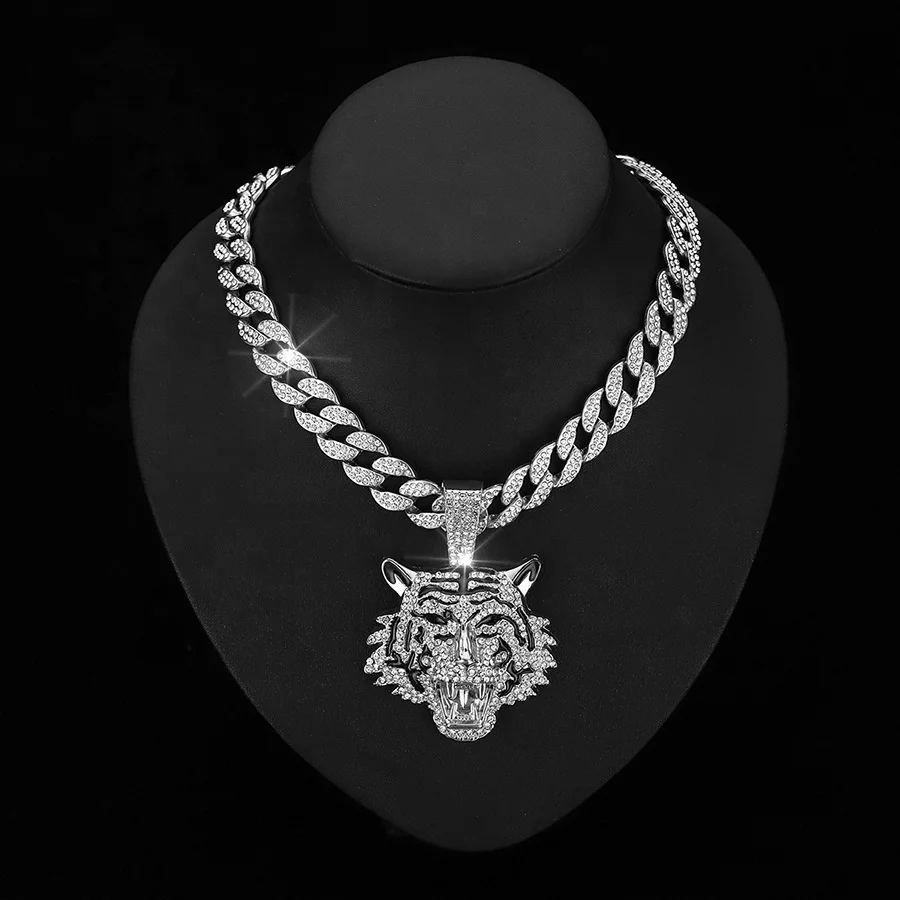 Iced out hip hop 15MM big miami cuban chain with alloy and bling rhinestone tiger head pendant necklace