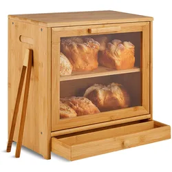 Bamboo Bread Box For Kitchen Counter2 Adjustable Layer Wooden Bread Bin With ClearWindow And Storage Drawer