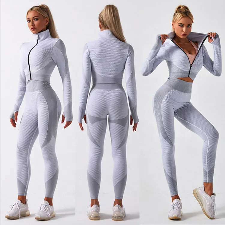 Women Outfits Conjuntos Deportivos Gray Seamless Sports Yoga Three-Piece Suit Breathable Zipper Jacket Sports Bra Yoga Pants
