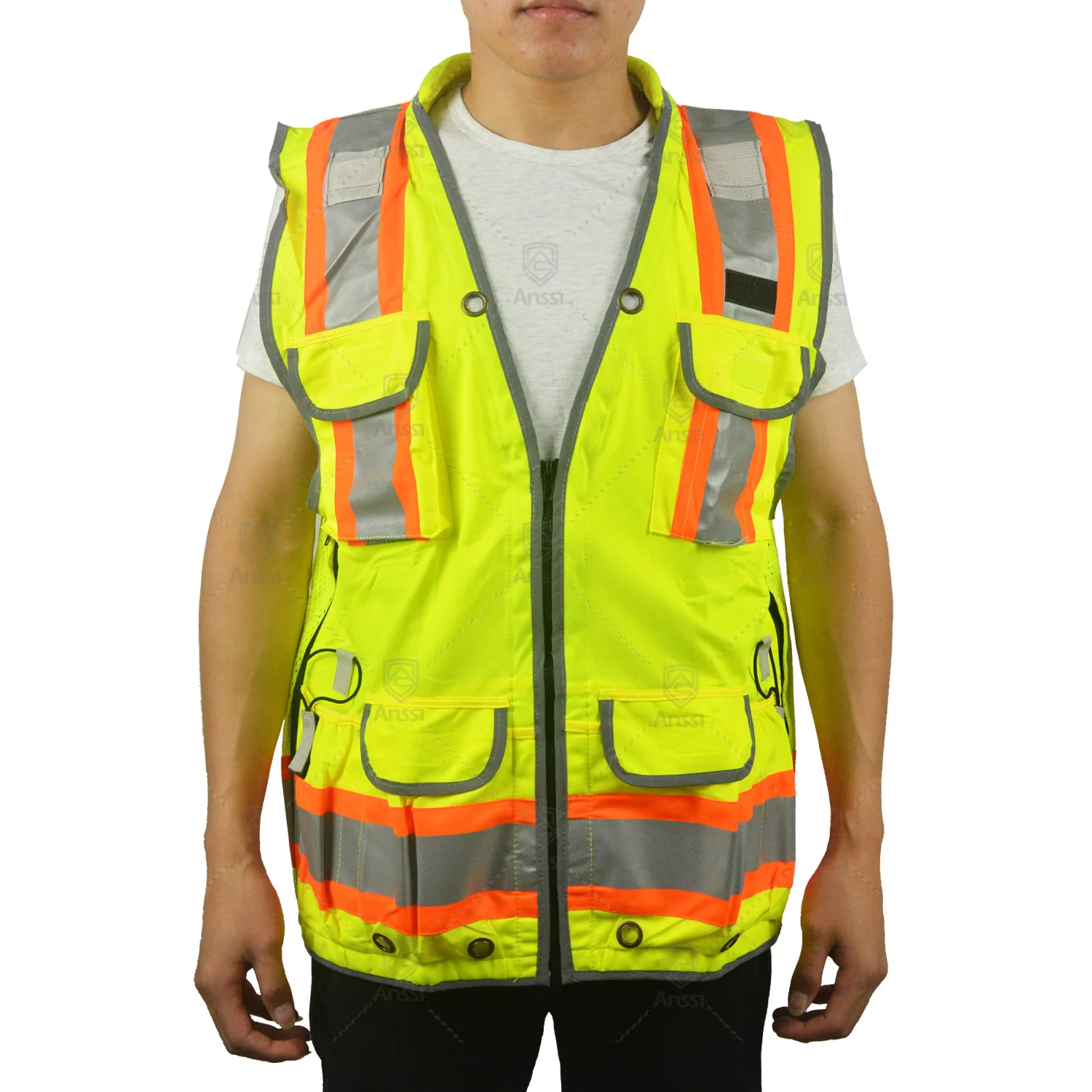 Outdoor high visibility security construction patrol reflective safety vest with zipper and multi-function pockets