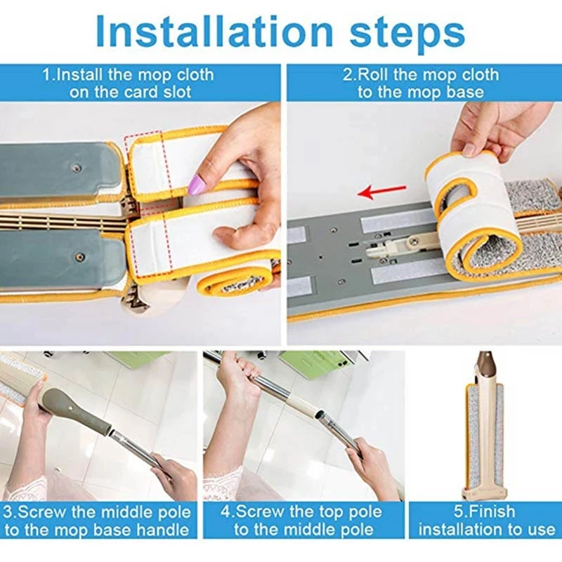 P1206 Microfiber Washable Pads 360 Rotation Dust Flat Mop with Long Stainless Steel Handle Free Wash Double Side Flat Mop