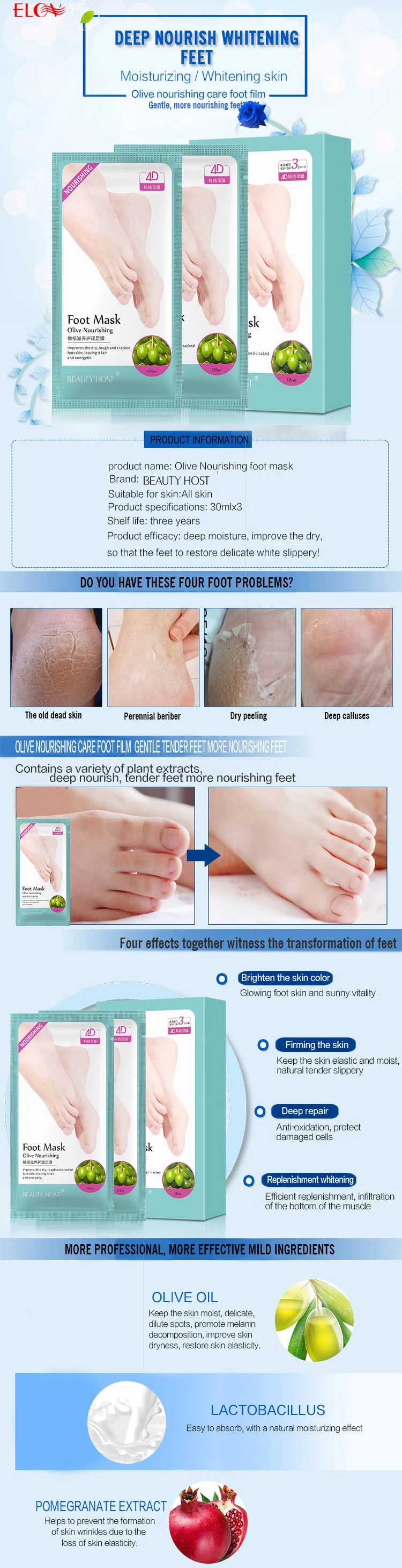 Korea Fashion Whitening And Moisturizing Foot Patch Popular OEM Service Olive Nourishing Skin Peeling Foot Mask For Sale