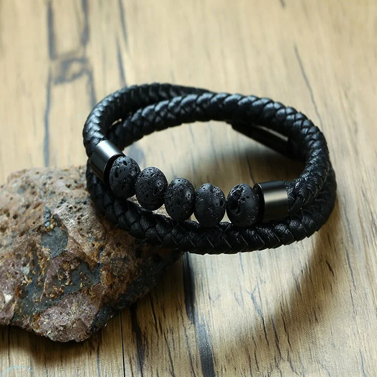 Personalized Custom Relationship Natural Chakra Lava Stone Beaded Leather Double Wrap Bracelet