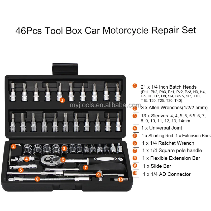 46 Pcs Multifunctional Car Repair Tool Box Spanner Hand Tools And Ratchet Wrench Socket Set