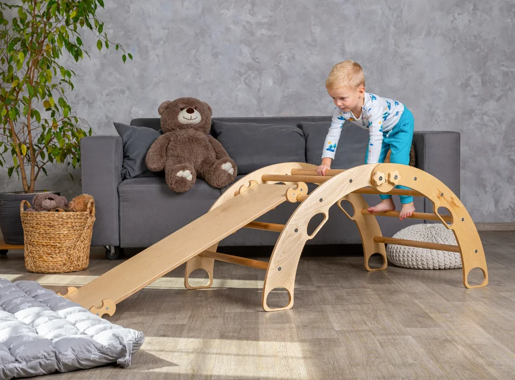 W166 Large Climbing Foldable Arch with Pillow, Montessori arch rocker with rock ramp and slide, arch rocker cushion