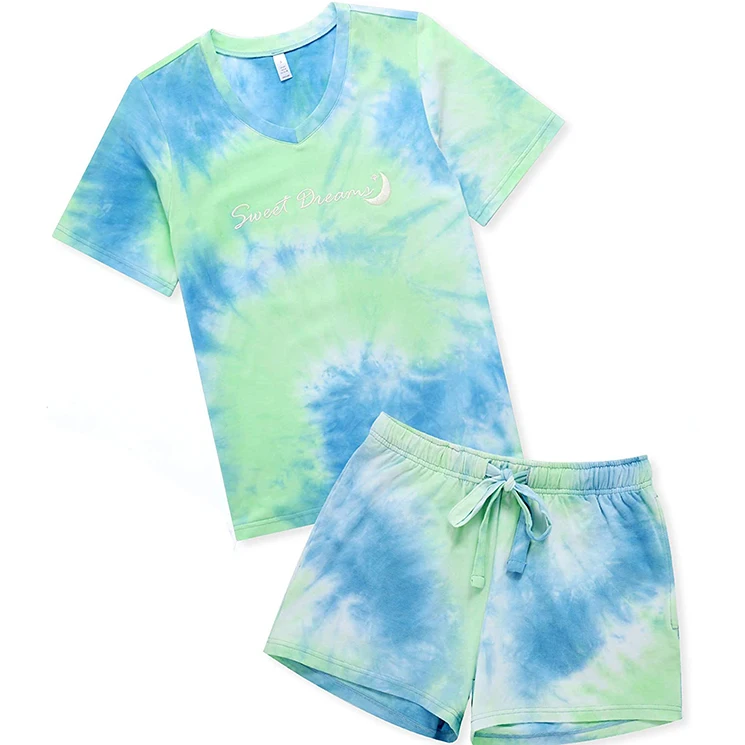 
2021 Soft Leisure tie dye colors two piece v neck short set pajama for Women 