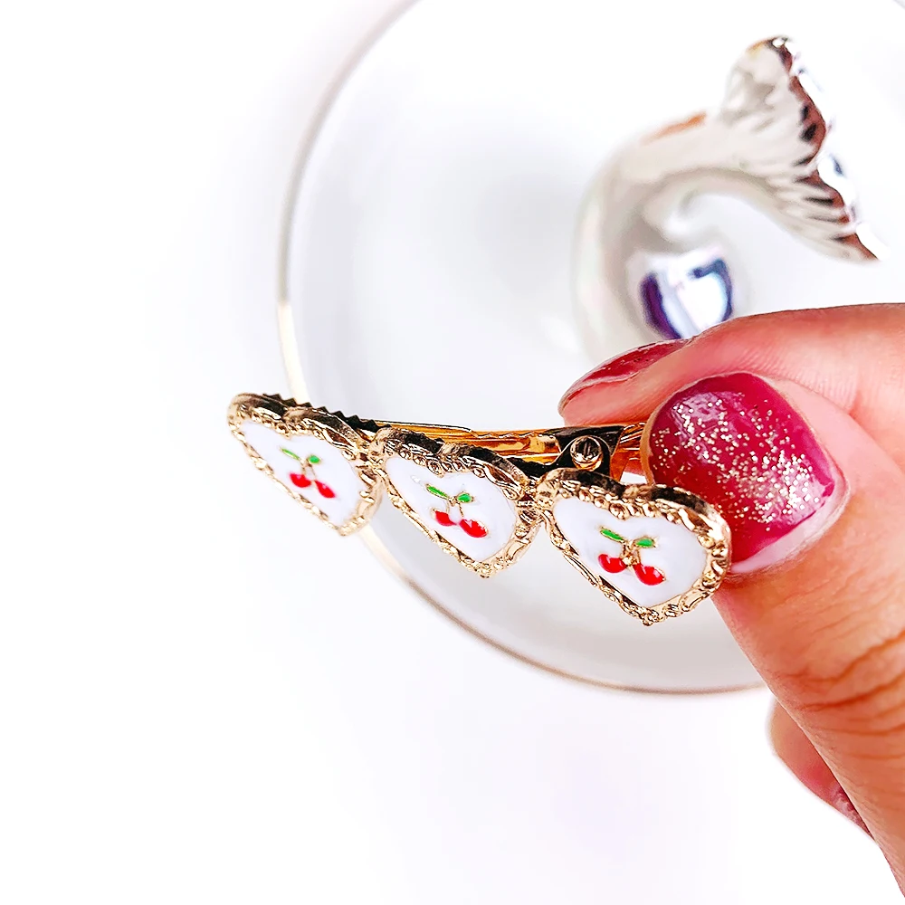 Fashion Metal Heart Enamel Cherry Hair Pin Acrylic Alligator Hair Clips for Girl