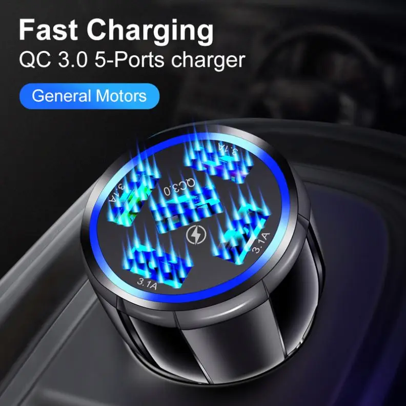 5 Ports USB 15A Car Charger QC 3.0 Port Phone Fast Charging Adapter for  IPhone 12 Xiaomi Samsung Intelligent Charging