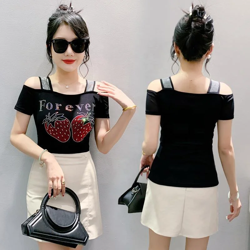 Women strawberry cartoon Print Rhinestone Shiny Sequined Clothes Slim Knit Tee Tops Nightclub Short Sleeve Shirts Party T-shirt