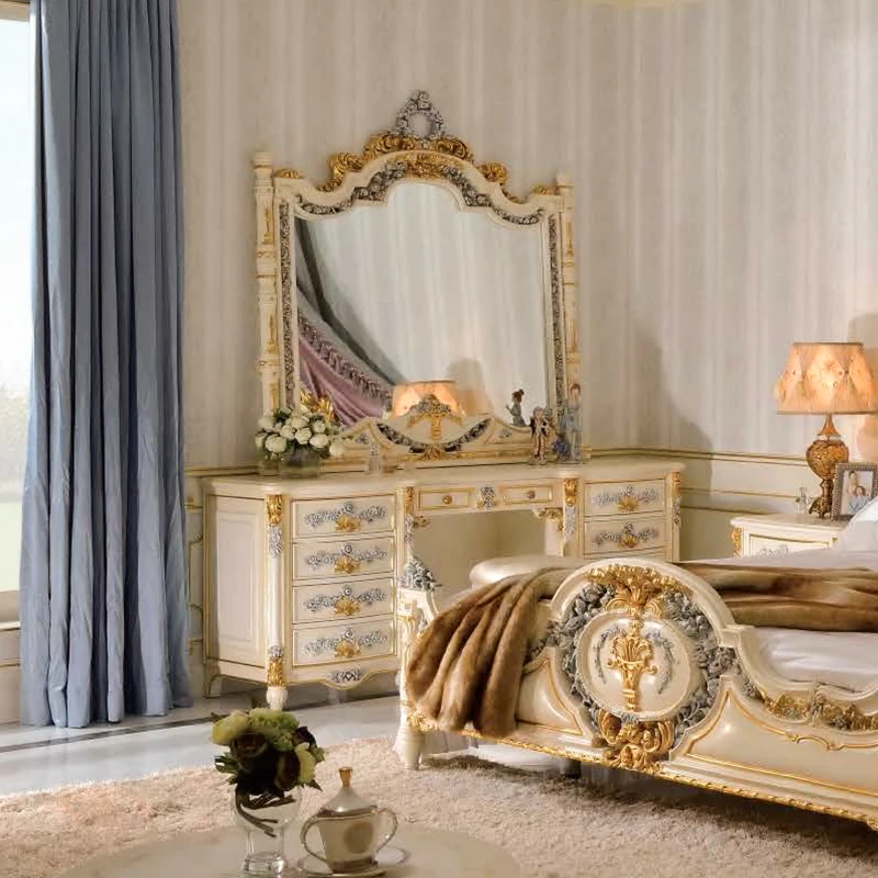 JS Luxury King Size Bedroom Set European Style Latest Antique Fashion Grey and Gold Bedroom Set