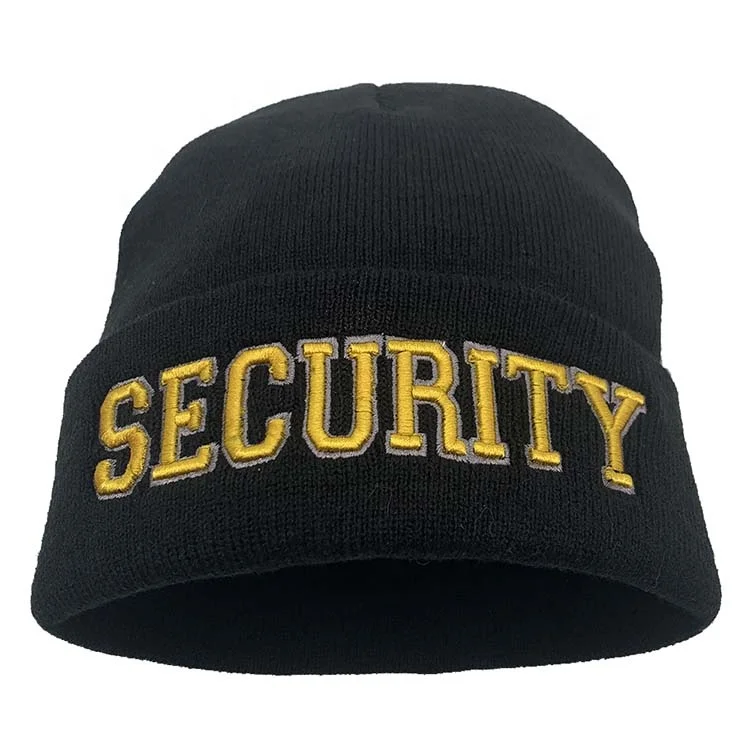 Wholesale security hat black knit beanie with letters worker mens winter hat cap toque cuff beanies embroidered logo custom