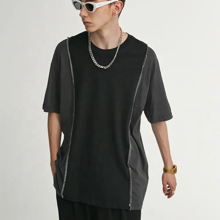Wholesale Contrast Color Short Sleeved Plenty Stock Black Khaki Patchwork Design Plain Wholesale t Shirts