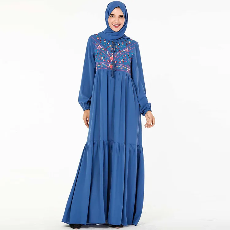 
MXCHAN Middle Eastern Blue embroidery abaya muslim dresses maxi abaya designs dubai 