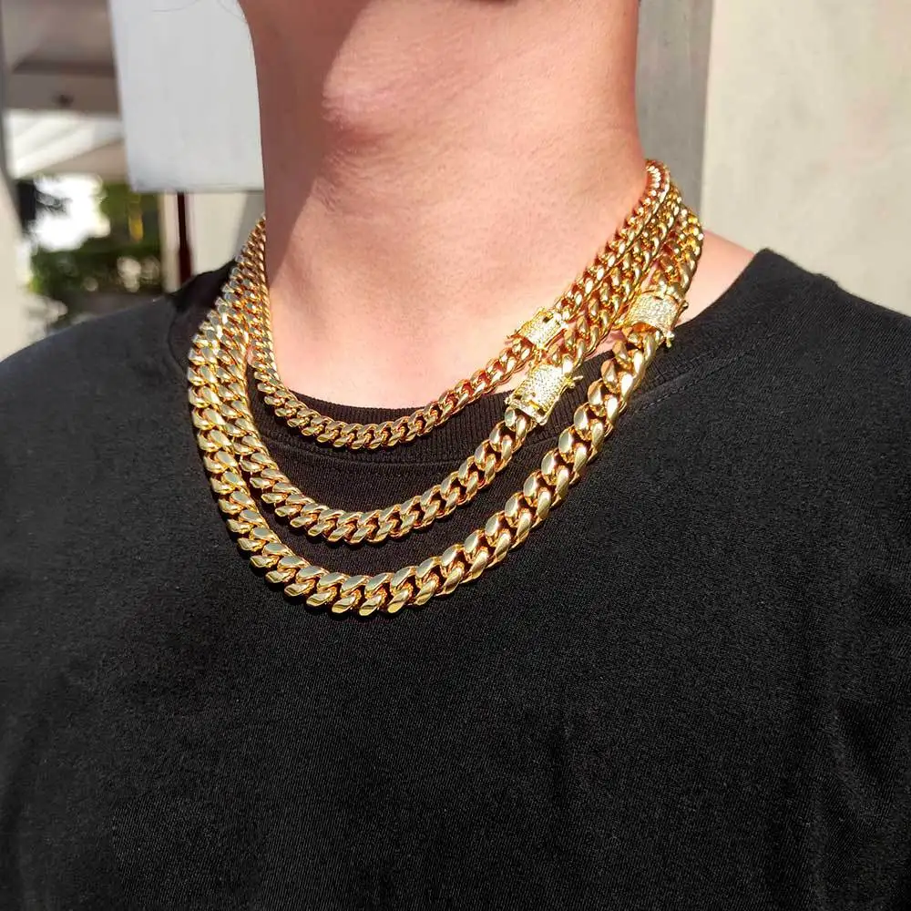 Fashion Hip Hop Jewelry Mens Stainless Steel Diamond Clasp 18K Gold Plated Cuban Link Chain Necklace