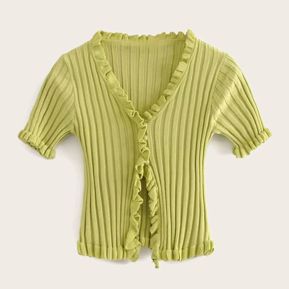 
OEM Design Fashion Ruffled Ribbed Cropped Knit Cardigan for Women 
