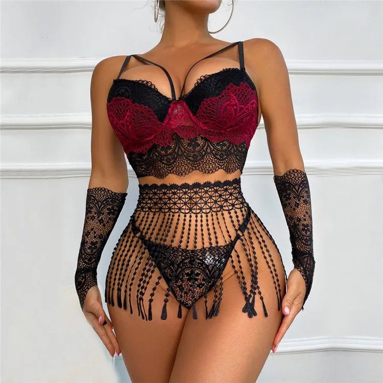 New Arrival Ladies Clothes Sexy Lingeries Tassels Patchwork Transparent Lace Women Sexy Underwear