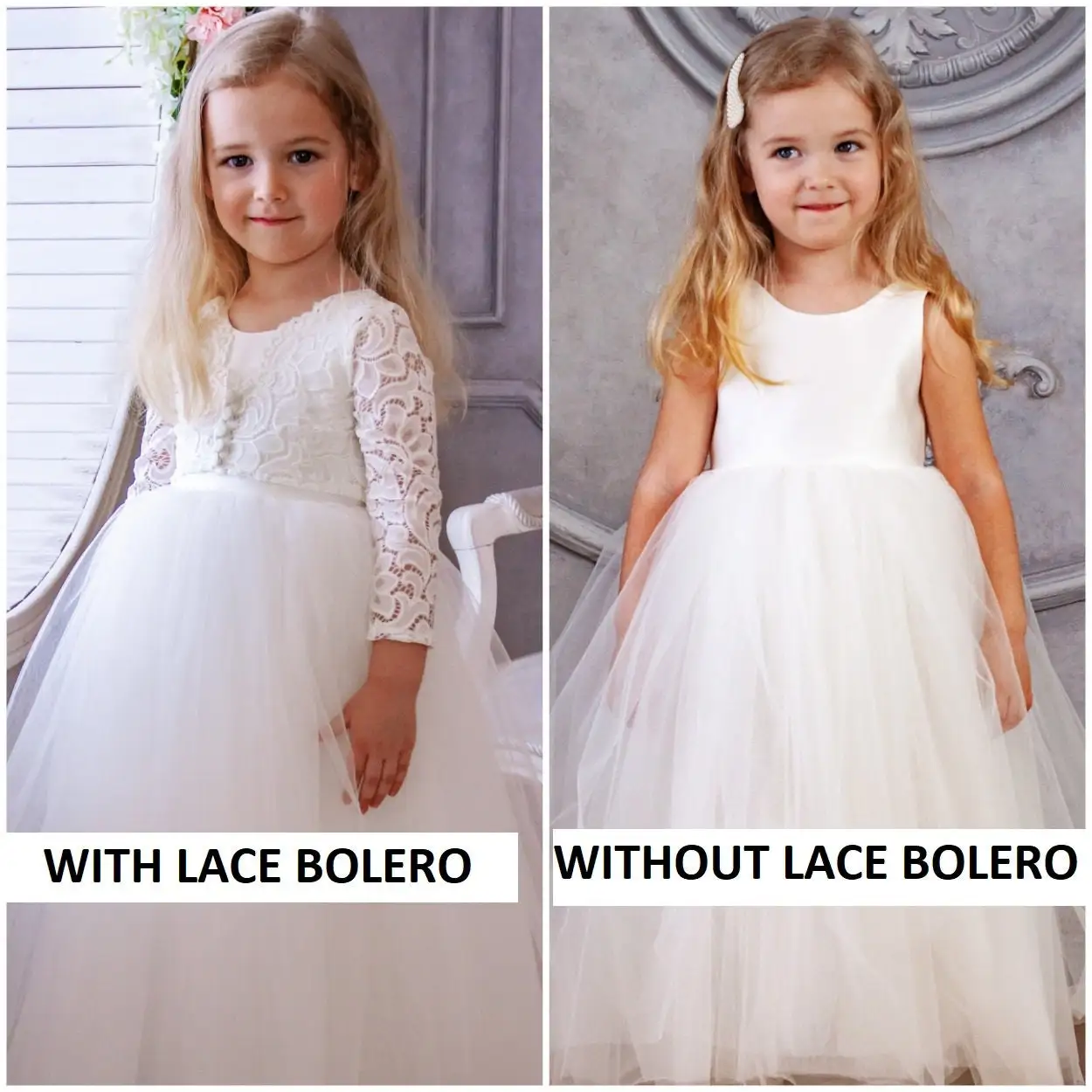 Simple tulle wedding short sleeve ball gown flower girls dress with lace cape