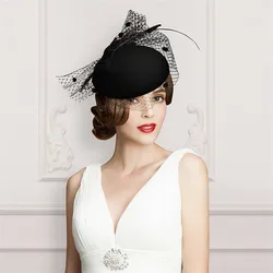 Женская элегантная британская Универсальная высококачественная модная аристократическая винтажная Шерстяная кепка для вечеринок и банкетов Женская Формальная шляпа с вуалью и перьями