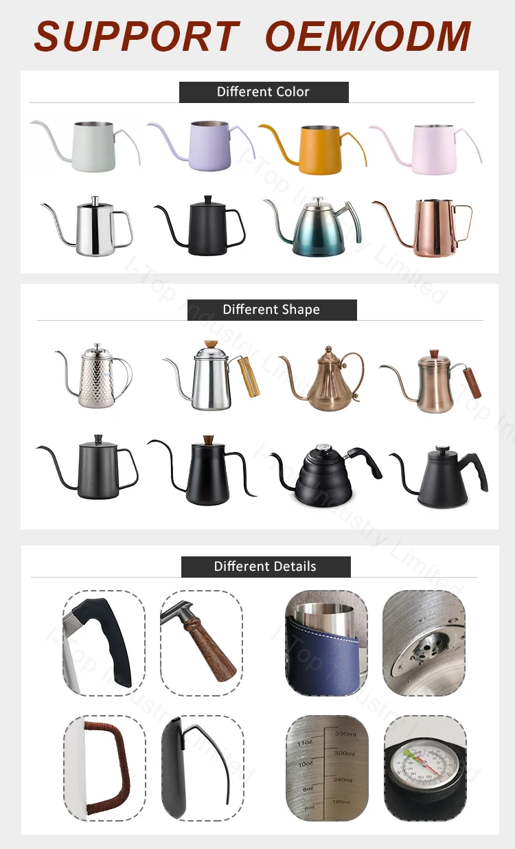 Customize Stainless Steel Gooseneck Coffee Drip Kettle Pour Over Tea Kettle Free Water Kettle with Built-In Thermometer Tea Pot