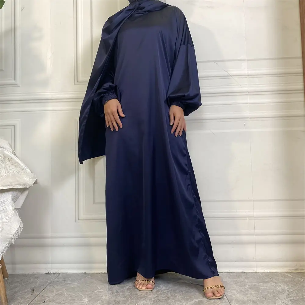 6675# New Style Satin Muslim Long Dress with Hijab Pray Islamic Women Saudi Arabia Modest Dresses