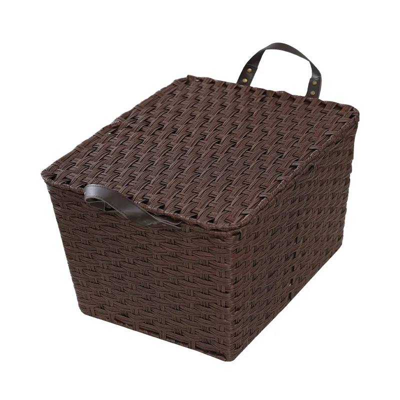 Car basket imitation Rattan woven storage basket dustproof with cover picnic fruit basket kitchen storage box in stock wholesale