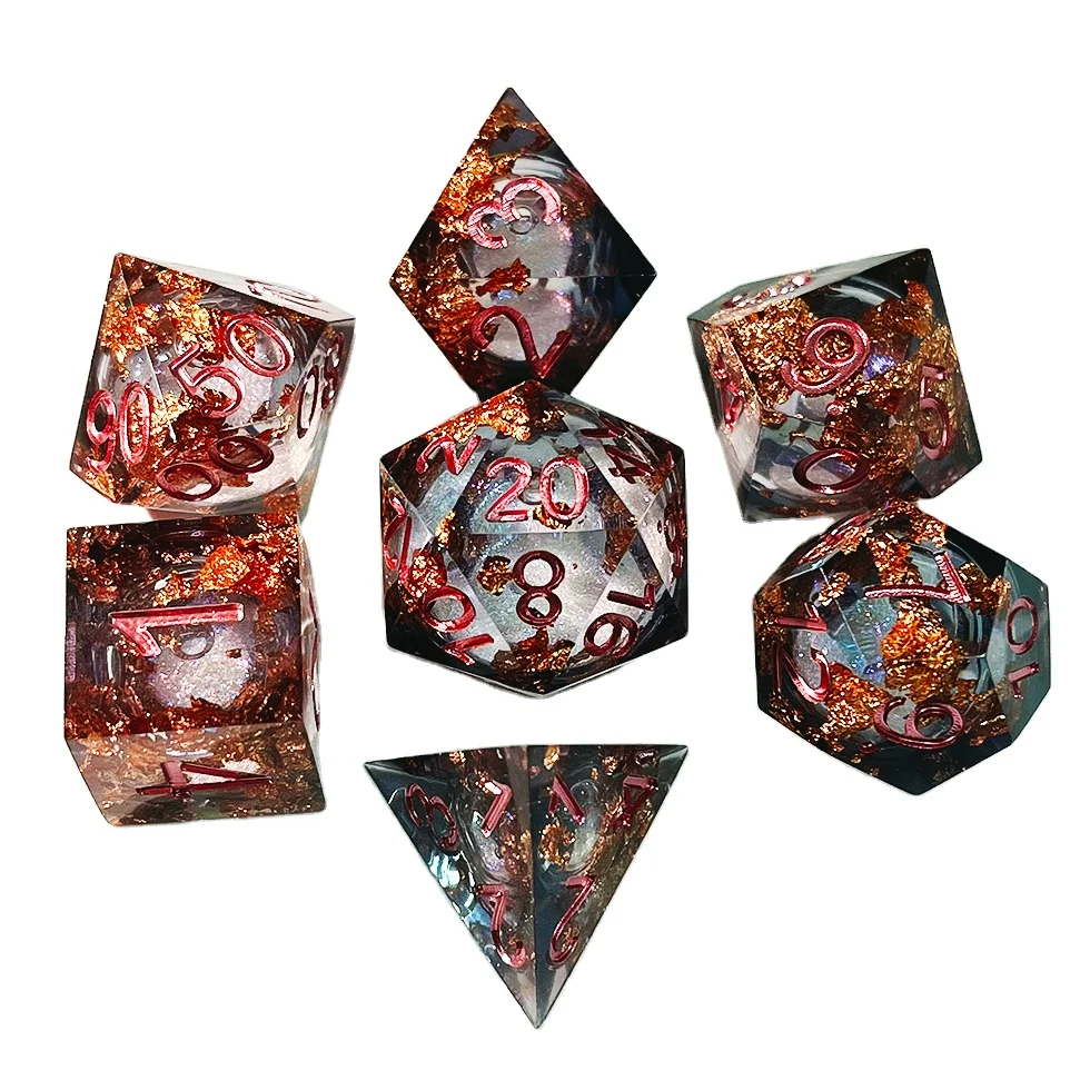 Handmade sharp edge liquid core dnd black resin dice set for rolling play games