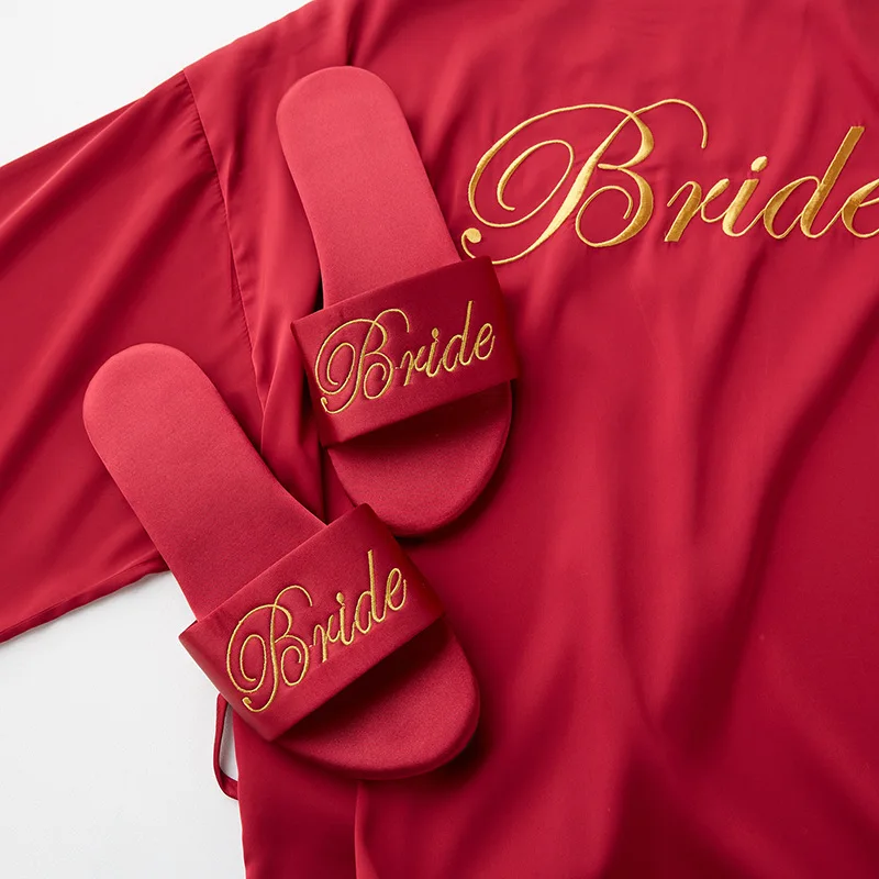 2022 custom logo new embroidery marry bridesmaid slipper satin red wedding bride shoes women adult hotel flat slippers