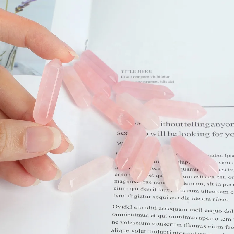 Hanhe wholesale crystal pendant doubled-pointed charms for jewelry making necklace rose quartz hexagonal prism stone