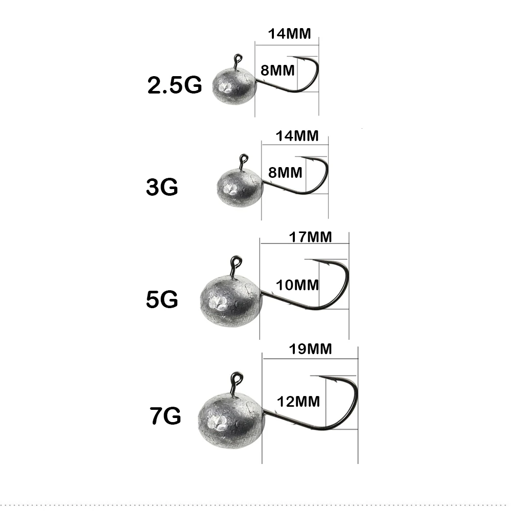 JOHNCOO 10pcs Per Bag Fish Hook  2.5g 3g 5g 7g Jig Head 2 Barbs Crappie Baby Shad Fishing Hooks Jigs