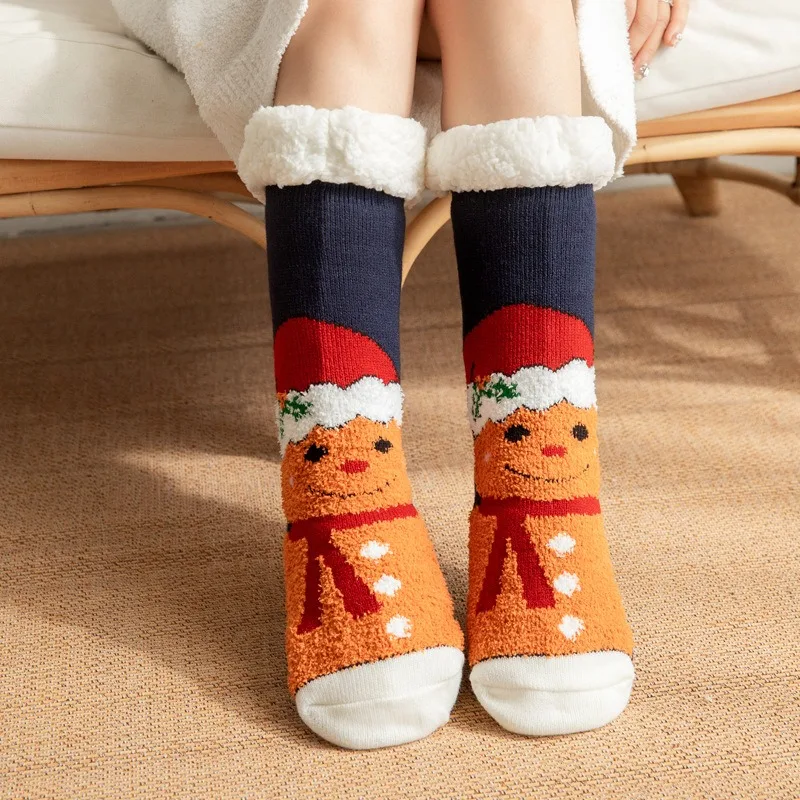 winter customized women warm indoor floor socks thermal non slip fur slipper socks  thick fuzzy  natural gingerbread dough socks