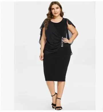 Wipalo de talla grande strass fruncido embellecido vestido con poncho verano cuello redondo sin mangas mujeres Vestidos OL vesti