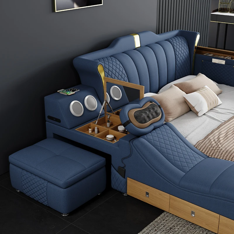 2023 Modern Leather Smart Bed With Massage Multi Function Bedroom Furniture With Storage Box Beds