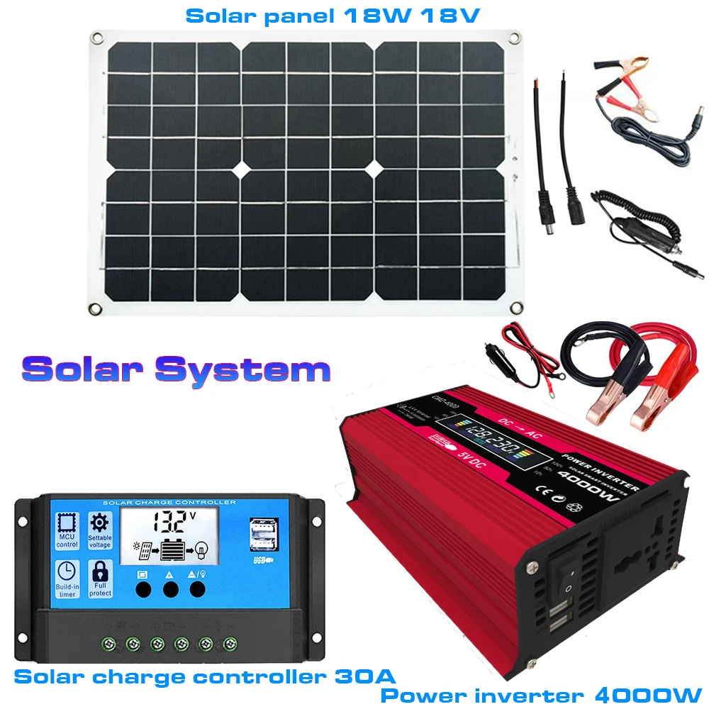 Solar Cell Energy Power System with 4000W Inverter 30A Solar Charge Controller 18W Solar Panel for Low 300W Power Appliance