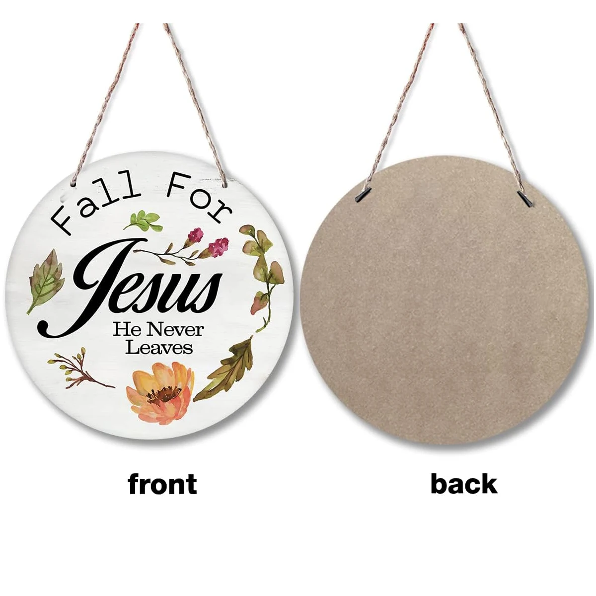 Fall for Jesus He Never Leaves Wreath Wood Door Hanger Sign for Front Door Rustic Scripture Round Plaque Christian Wall Decor