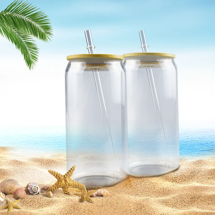 High quality sublimation 12oz 12 oz 16oz 25oz blanks ounce can shaped rainbow drinking frosted glass tumbler with straw