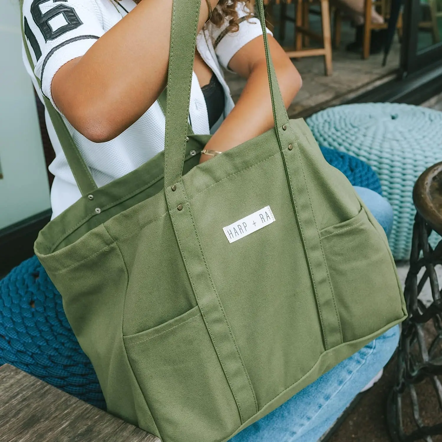 Large Canvas Tote Bag Utility Tote with 2 Front Pockets and Laptop Sleeve Teacher Bag in 16 Oz Organic Cotton