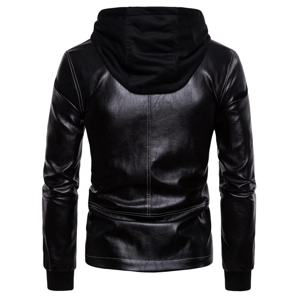 
Mans Winter Jacket Black Hooded CapLatest Rib Cuff Design Men Pu Leather Windproof Long Sleeve Black Jacket 