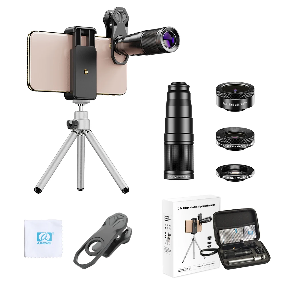 2020 new smartphone gadgets Apexel 22x telephoto super fisheye lens 120 degree wide angle 25x macro 4 in 1 lens kit