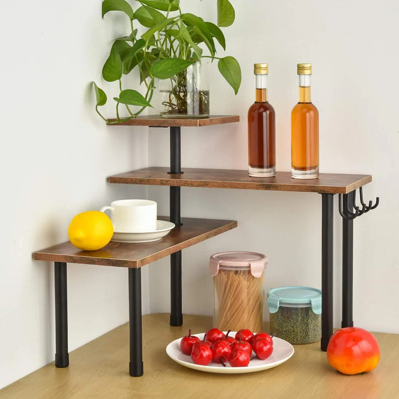 Hot sale wooden 3-tier corner space savers cabinet countertop organizer kitchen spice storage shelf desk plate display rack