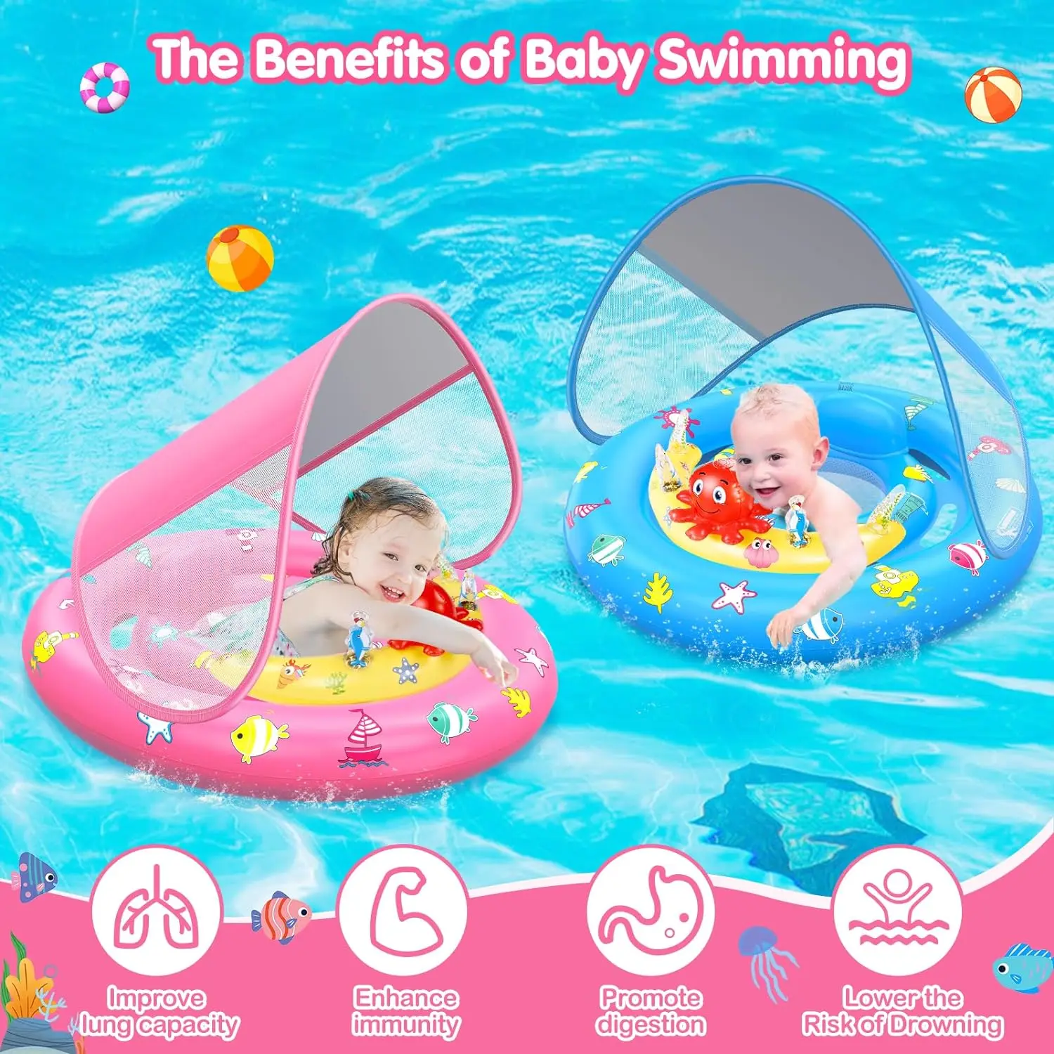 2024Inflatable Baby Swim Pool Float with Canopy  Sun Protection Toy Play Console Adjustable Safety Seat for Kids Toddler Infant