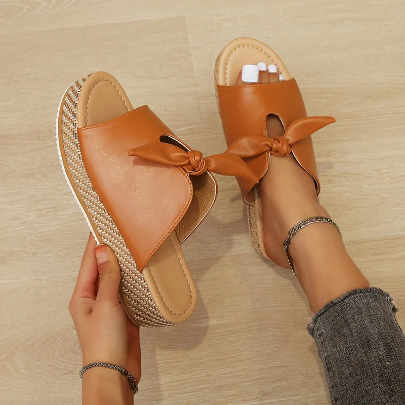 XLL 2022  Summer fashion 4cm wedges slippers platform high heel bow sandals fish mouth shoes flat slippers for women
