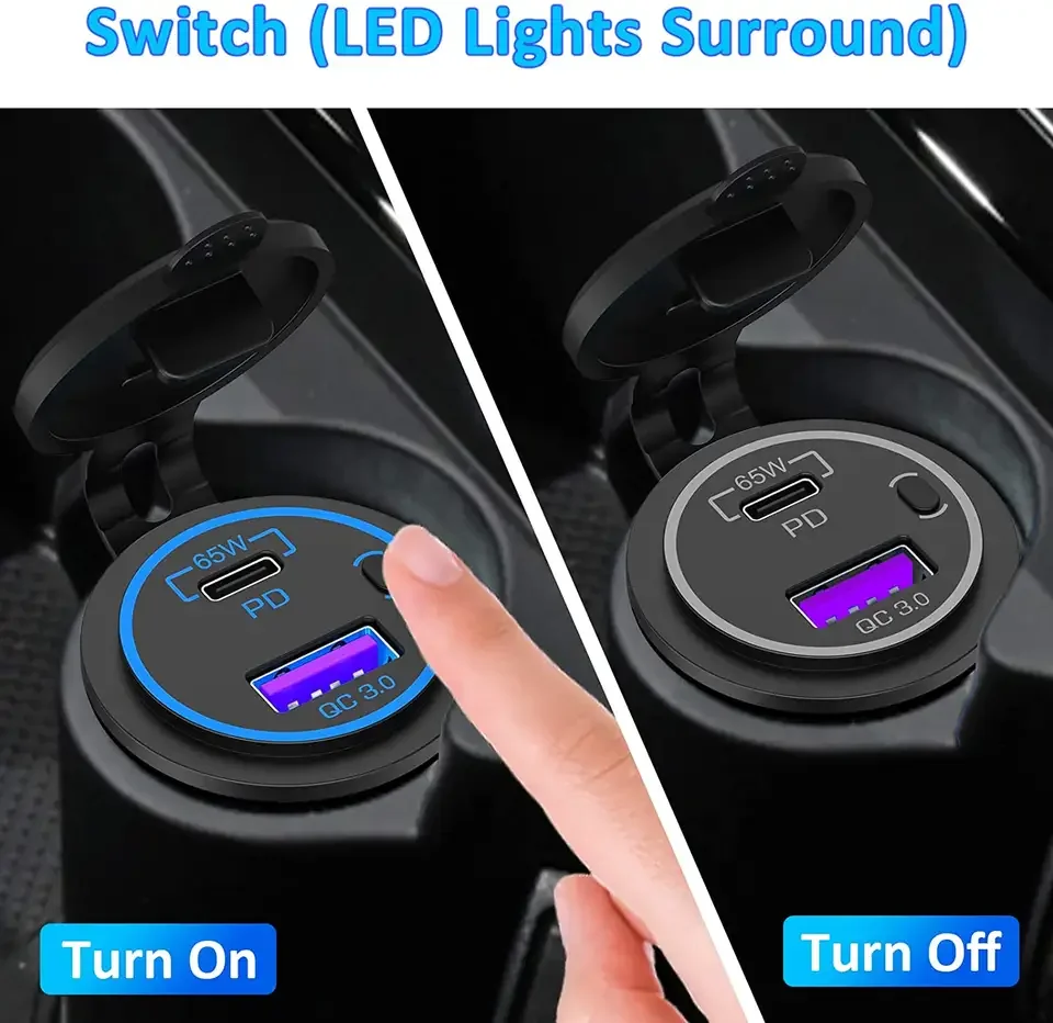 65W Type C PD 12V / 24V Led light QC3.0 Dual USB Socket for car Motorcycle Boat