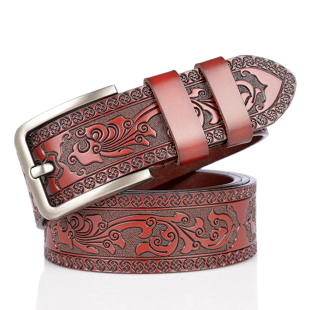 embossed leather belt factory direct sale fashion designer retro engraved western leather belts for man and woman