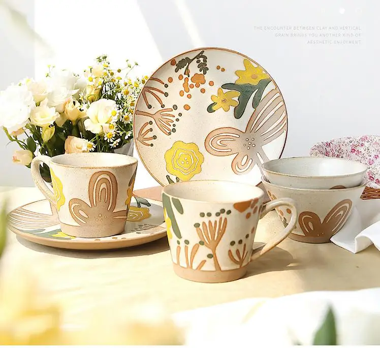 Hand-painted ceramic tableware coarse mug ceramic plate ins flowers hand-painted dishes set
