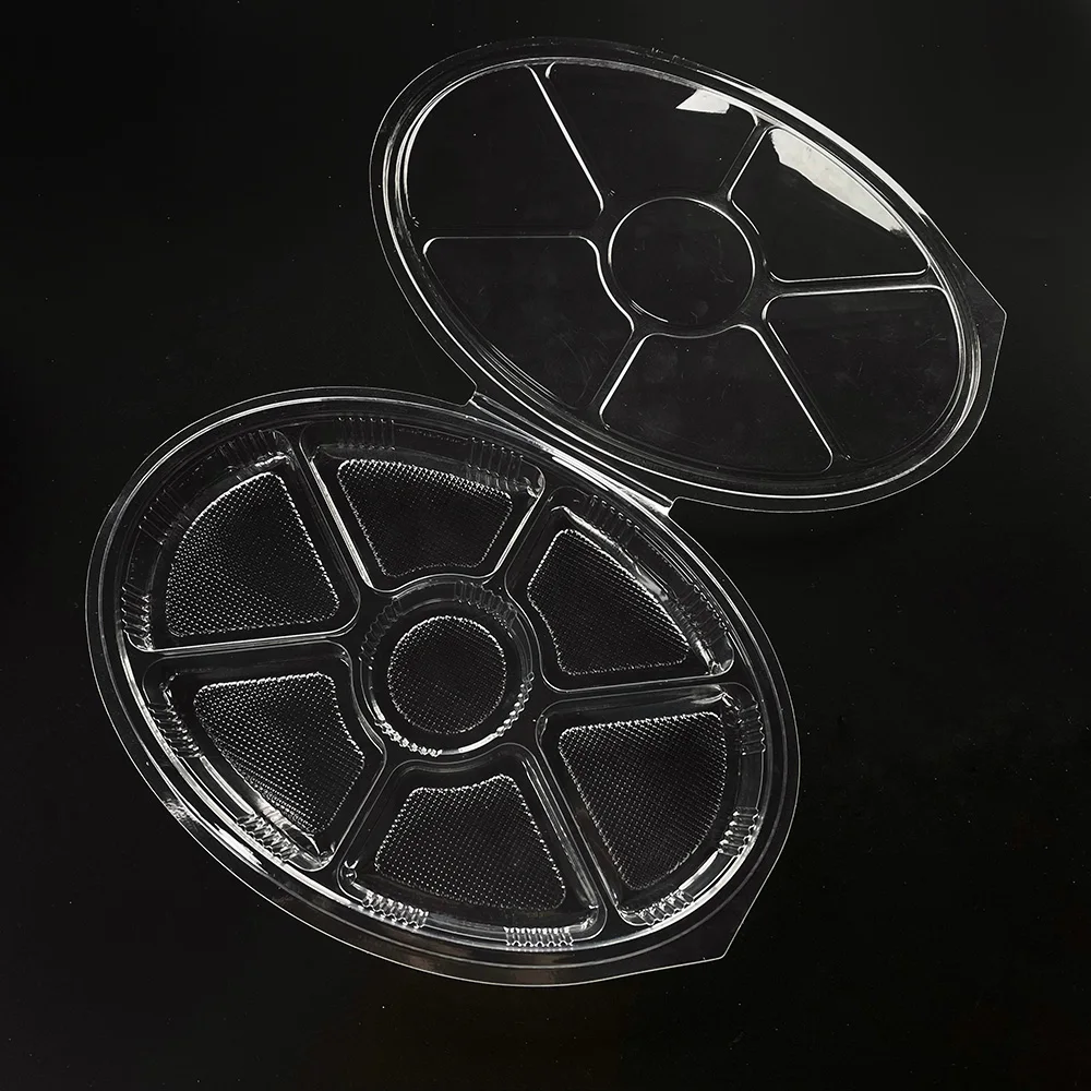 Custom PET cookie container transparent hinged lid 7 compartment disposable food container take away packaging