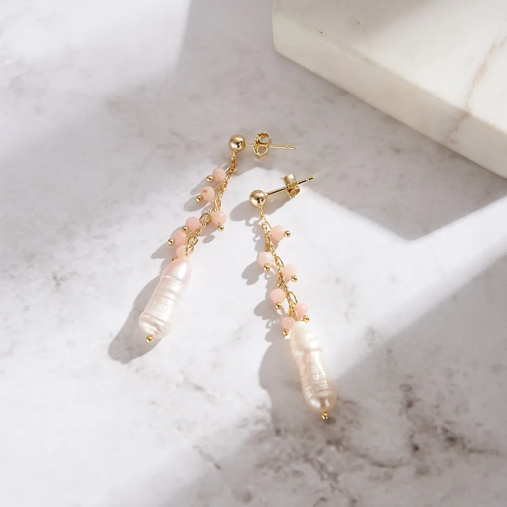 MPE05 Natural Freshwater Pear with Purple Mica Beads Gemstone Tassel Drop Designs 925 Sterling Silver Earrings