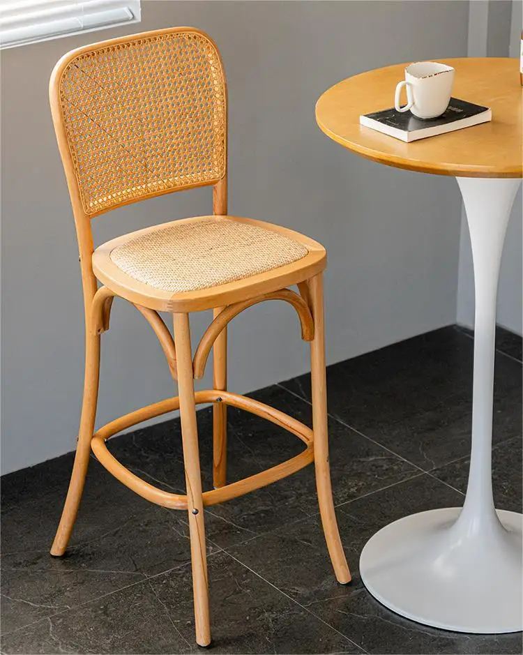 High quality vintage cane high chair for kitchen bar table Nordic solid wood rattan bar stools