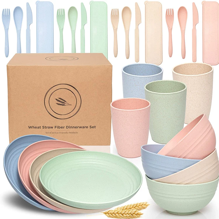 Hot Sale Reusable Wheat Straw Dinnerware Sets 28pcs Tableware Wheat Straw Kid Wheat Straw Dinnerware Set